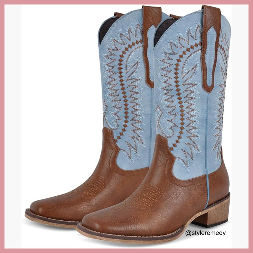 Faux Leather Embroidered Cowgirl Boots With Square Toe And Pull-On Closure